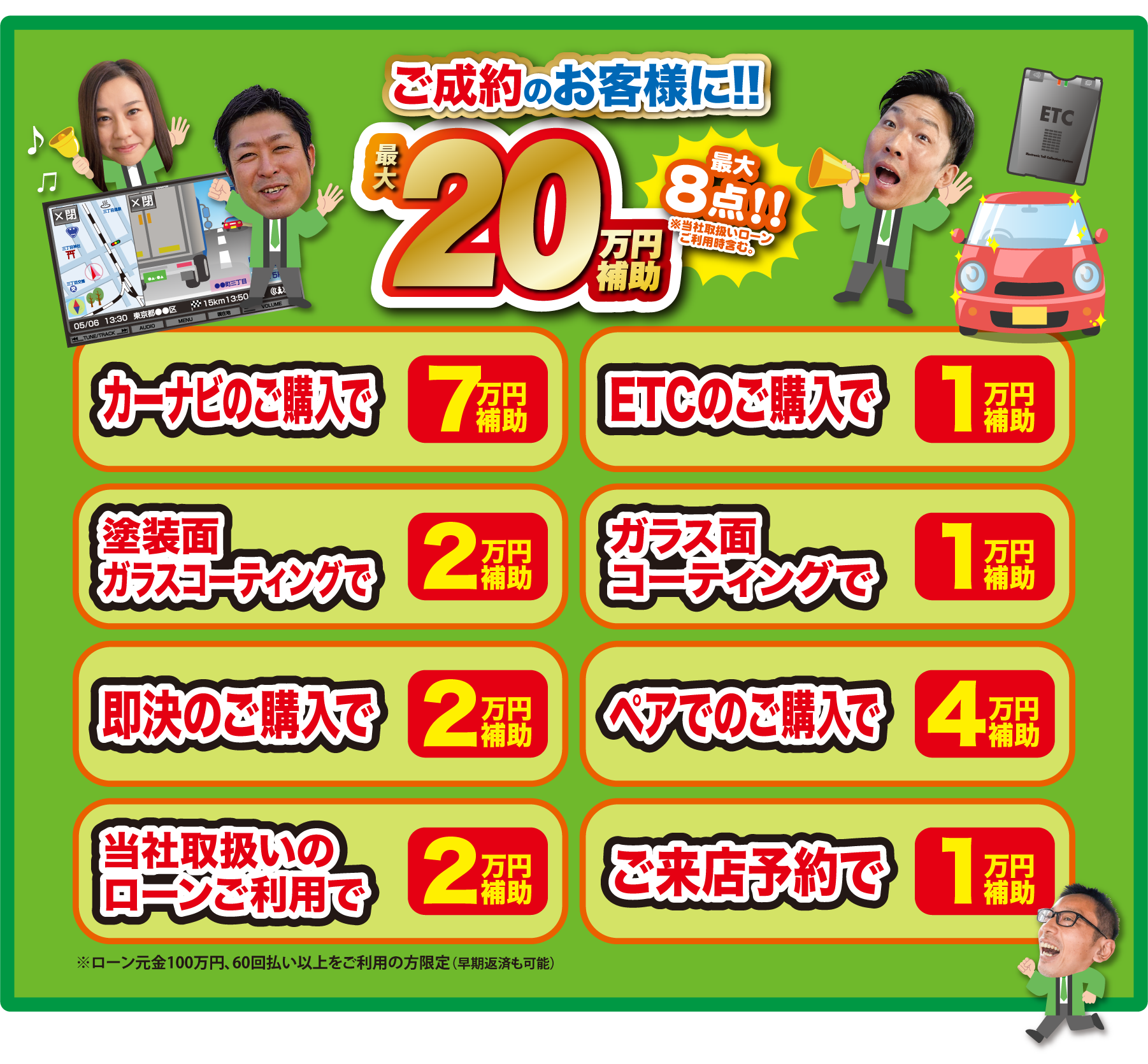 カーナビのご購入で7万円補助、ETCのご購入で1万円補助、塗装面ガラスコーティングで2万円補助、ガラス面コーティングで1万円補助、即決のご購入で2万円補助、ペアでのご購入で4万円補助、当社取り扱いローンご利用で2万円補助※ローン元金100万円、60回払い以上をご利用の方限定（早期返済も可能）、ご来店予約で1万円補助